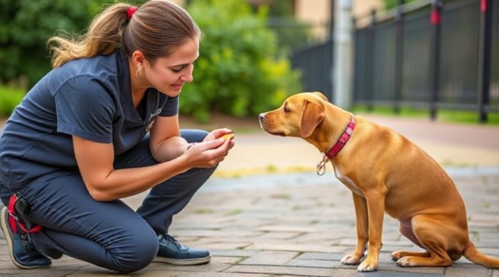 Kind staff member calmly engaging with a reactive dog