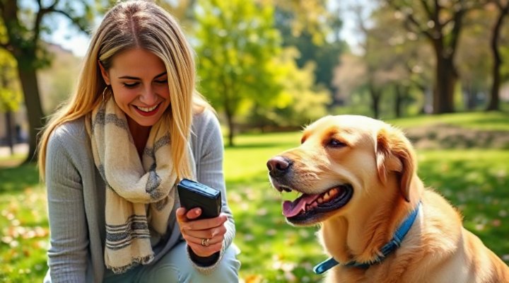 A happy dog owner using an ultrasonic dog trainer in a park