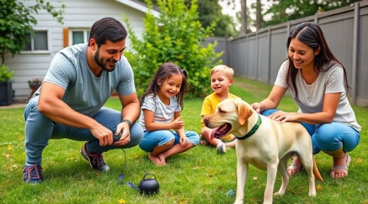 Family training their dog with an ultrasonic device in backyard
