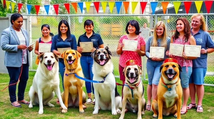 Happy dogs and owners at a training graduation
