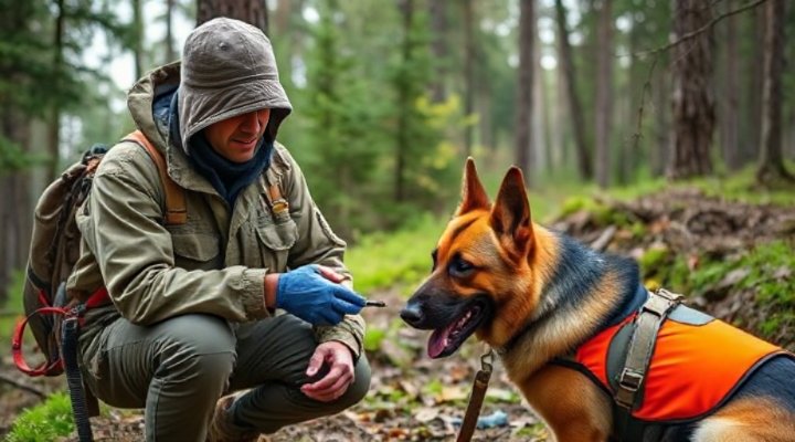 Trainer and German Shepherd practicing search and rescue techniques