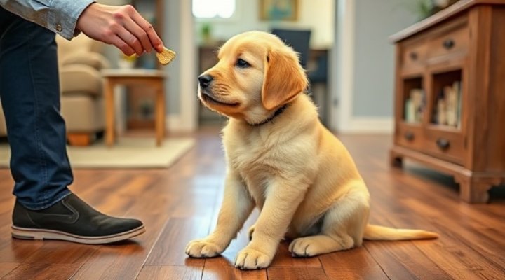 Cute puppy sitting and learning basic commands