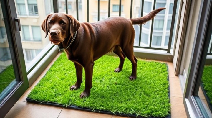 Adult Labrador using artificial grass potty area on balcony
