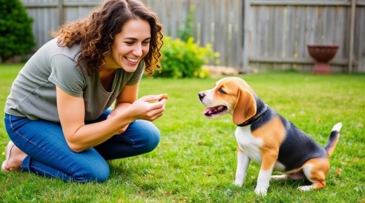 Woman giving treat to small dog after successful potty break