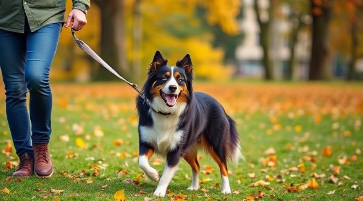 Dog walking calmly on leash after training