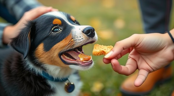 Trainer rewarding a puppy with a treat during obedience training