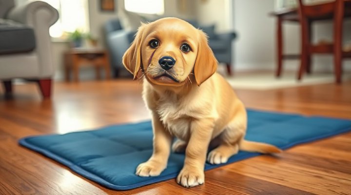 Cute golden retriever puppy sitting near a training pad