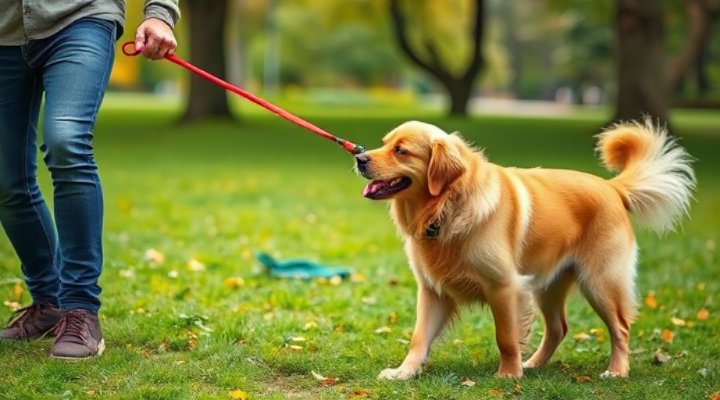 A dog pulling on leash during a walk