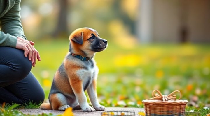 A small puppy learning to sit during an obedience class