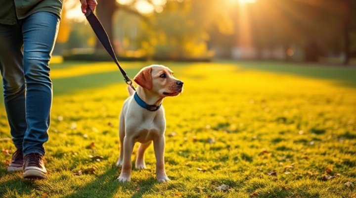 Young puppy practicing leash walking with owner in park