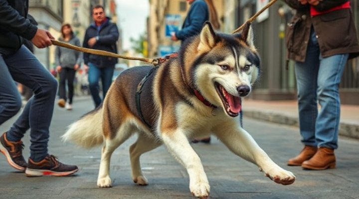 A large dog pulling hard on its leash during a walk