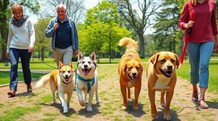 Multiple dogs walking calmly on leashes in a group setting