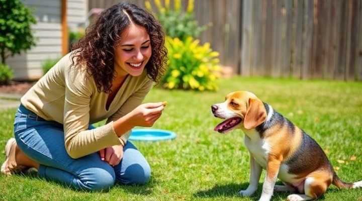 Woman giving treat to small dog after successful potty break