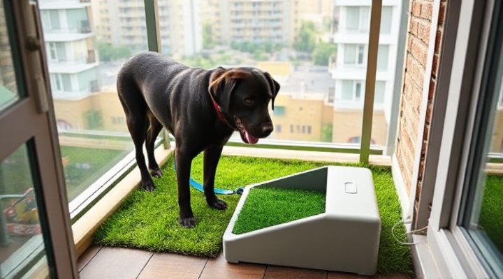 Adult dog using artificial grass potty station on balcony