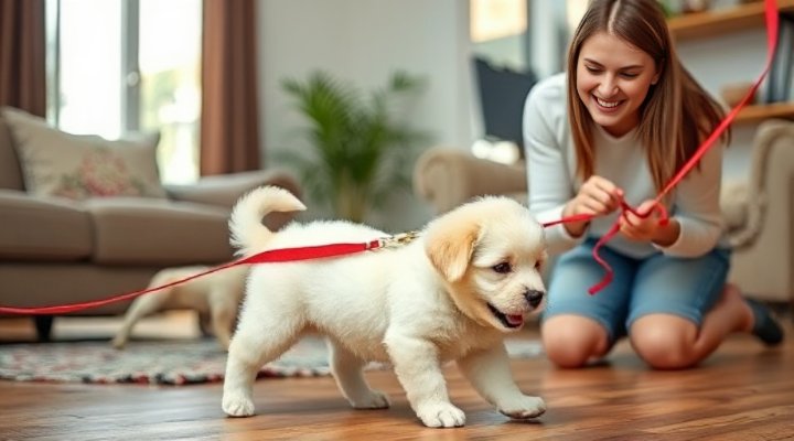 A small puppy walking on a leash inside a living room with a smiling owner