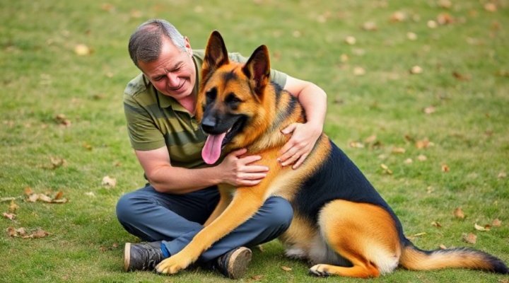 Owner bonding with their well-trained German Shepherd after a session