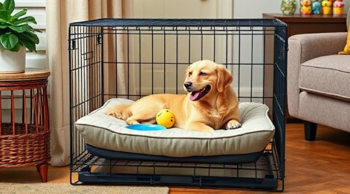 Well-equipped crate with orthopedic bed and water bowl