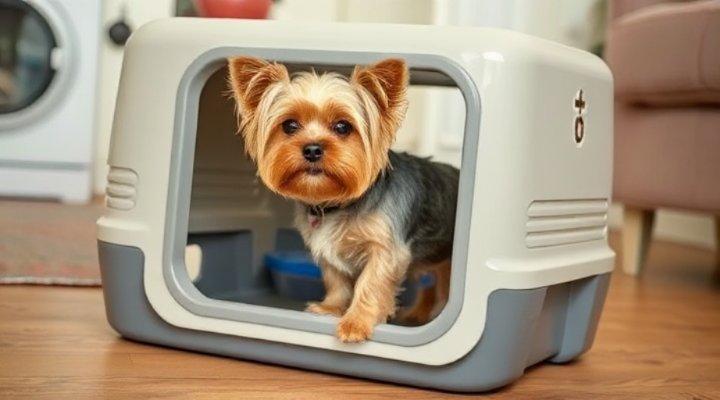 Small dog properly using a litter box indoors