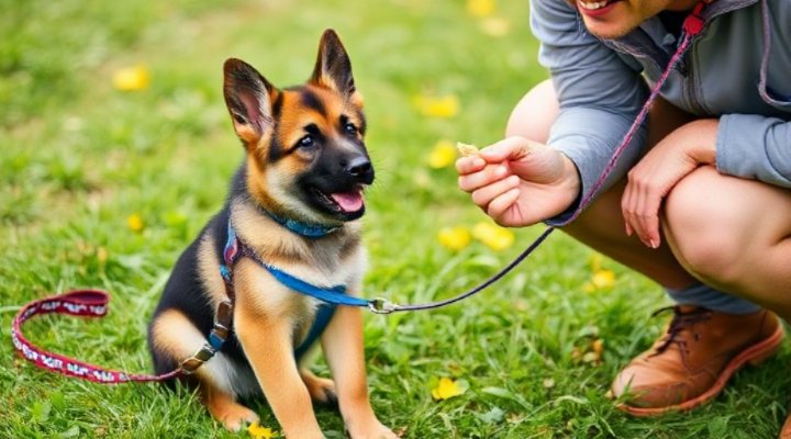German Shepherd puppy sitting and looking attentive during training