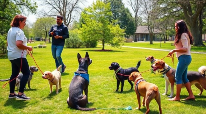 Group of dogs and owners practicing leash training in a class