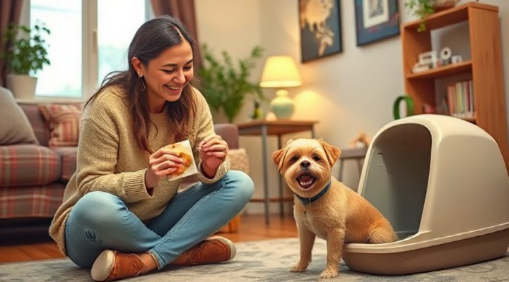 Owner rewarding their dog for using the litter box correctly