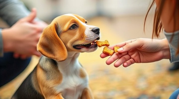 Puppy receiving treats as positive reinforcement during training