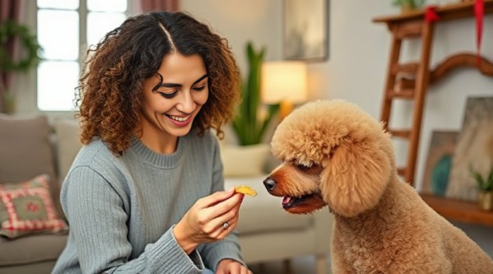 A woman rewarding her well-trained poodle with a treat