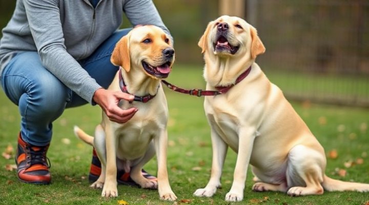 Owner rewarding dog with treats during leash training