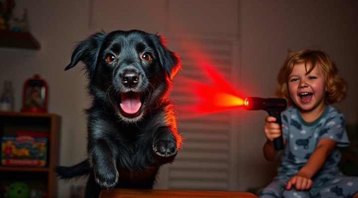 Deaf dog chasing a flashlight beam as part of training