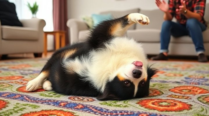 A fluffy border collie rolling over on a soft carpet, looking happy and playful.