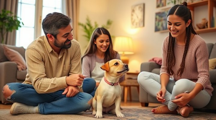 Family teaching a puppy bite control techniques