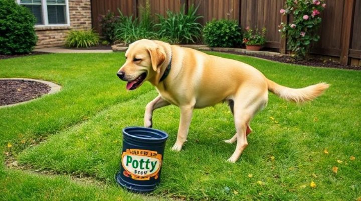 A Labrador retriever using a designated outdoor potty area
