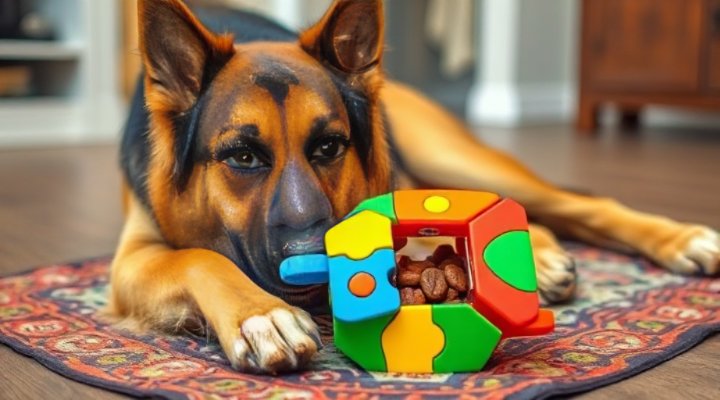 A German Shepherd solving a puzzle toy