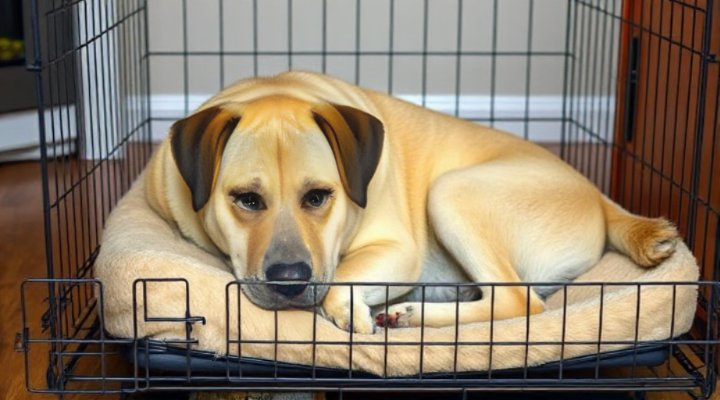 Content older Labrador resting comfortably in open crate