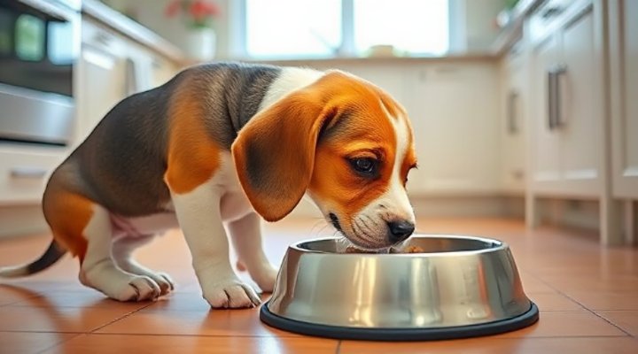 A dog eating from a bowl on a regular schedule