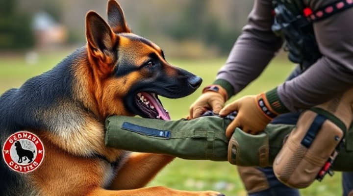 German Shepherd demonstrating controlled protection training with handler