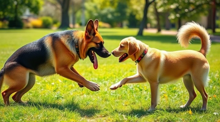 A German Shepherd playing with other dogs at a park