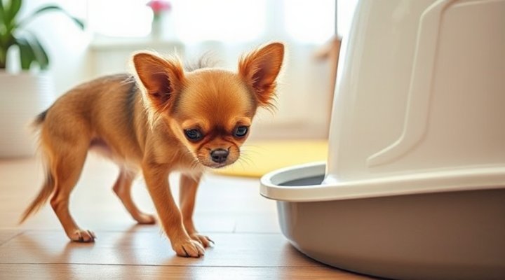 Small dog investigating a litter box for the first time
