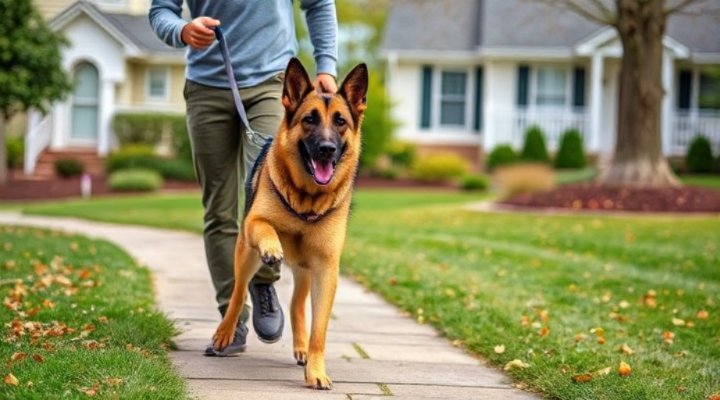 Dog walking calmly beside owner on a loose leash