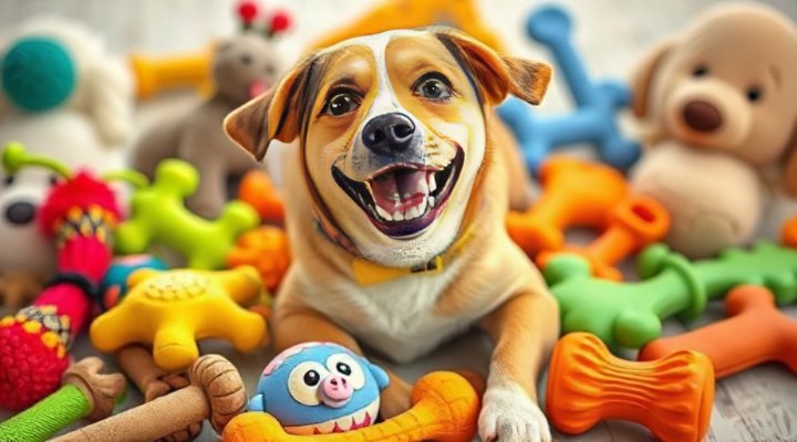Dog surrounded by chew toys to prevent biting