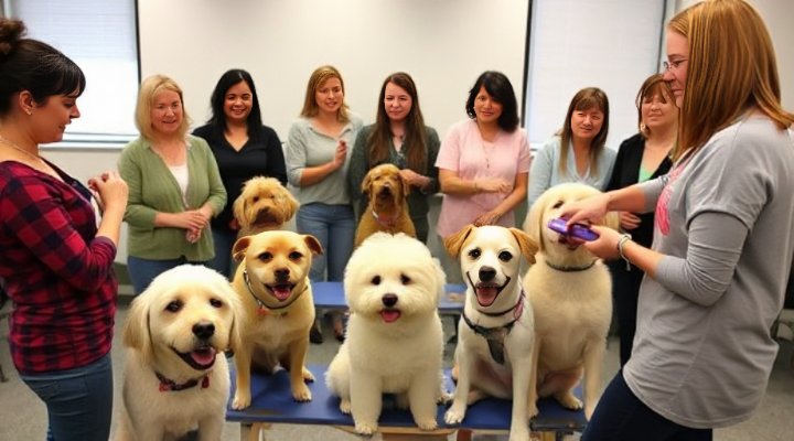 A group of people learning pet grooming techniques with their dogs