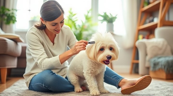 A loving owner gently grooming their small dog at home