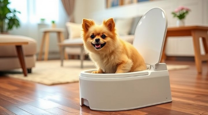 A small dog using an indoor potty in a cozy apartment setting