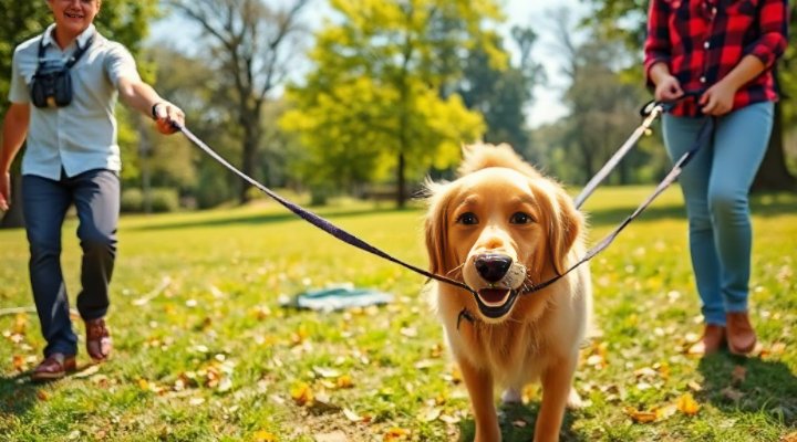 Dog pulling on leash during a walk in the park