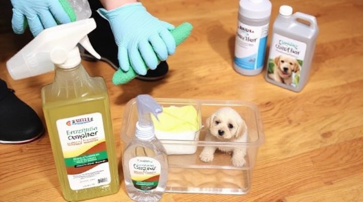 A person cleaning a dog accident with proper supplies