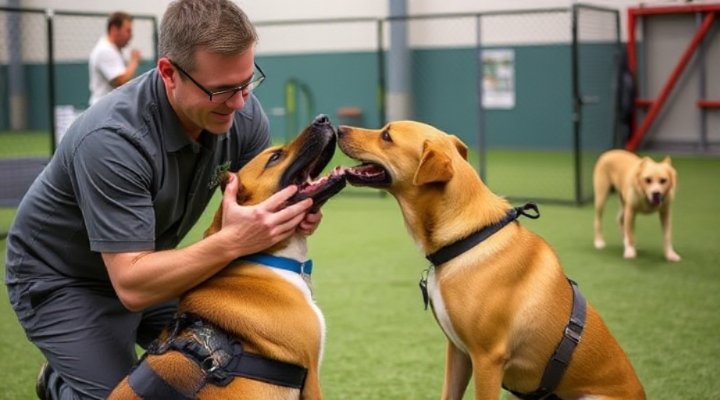 A professional dog trainer demonstrating bite inhibition techniques
