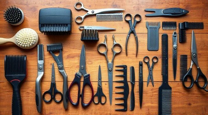 Various professional pet grooming tools laid out on a table