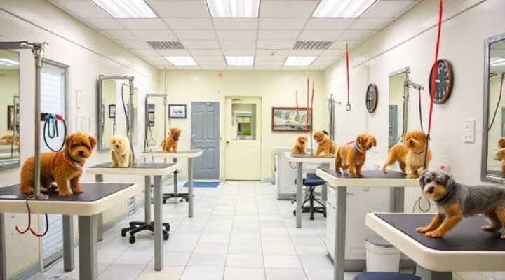 Clean and professional pet grooming salon environment