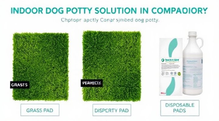 Comparison of various indoor dog potty solutions including grass pads and synthetic options