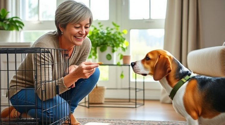 Kind woman offering treats to hesitant senior dog near crate
